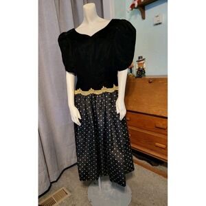 Vtg 80s Fairygoth Expo Night Black Velvet Gold Polka Dot Taffeta Festival‎ Sz 14